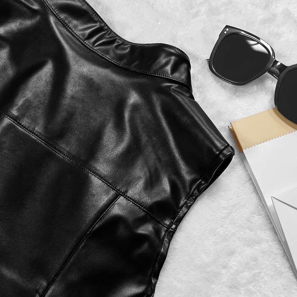 Sleek Stand Collar Faux Leather Vest | Sleeveless Slim Fit with Waist Defining Zipper Detail | noémi