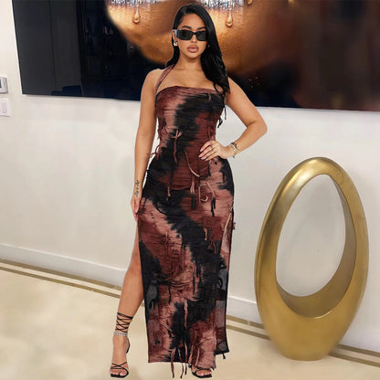 Tie Dye Tassel Dress With Side Slit and Draped Fit | noémi