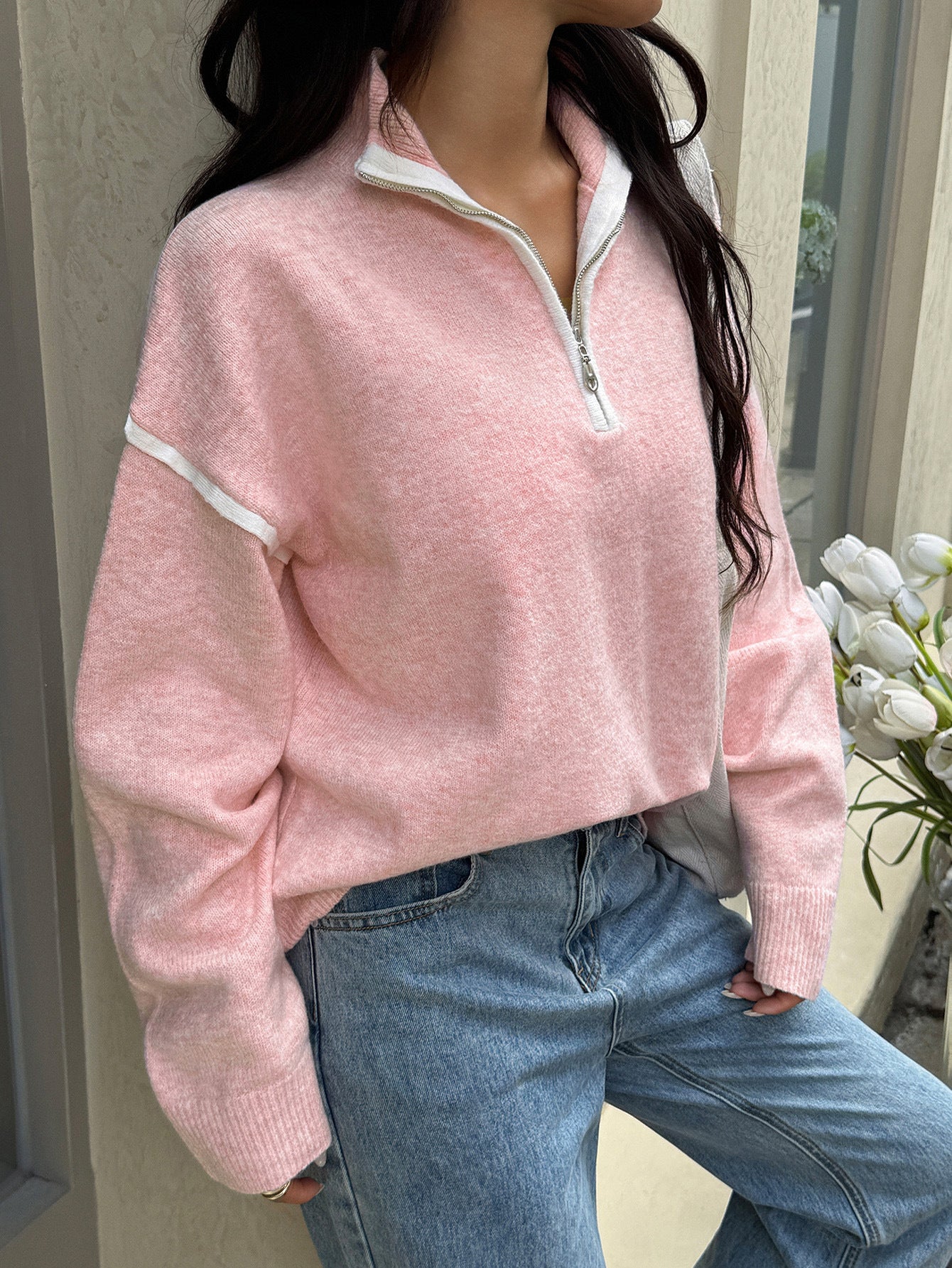 Zipper Sweater for Women | Casual Solid Color Long Sleeve Knit Pullover | noémi