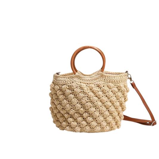 Wooden-Ring Straw Crossbody Bag – Boho Woven, Natural Brown | noémi