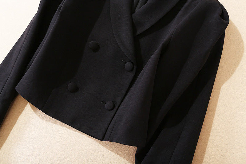 Double Breasted Green Collar Top Multi Layer Mesh Pleated Skirt Set | noémi