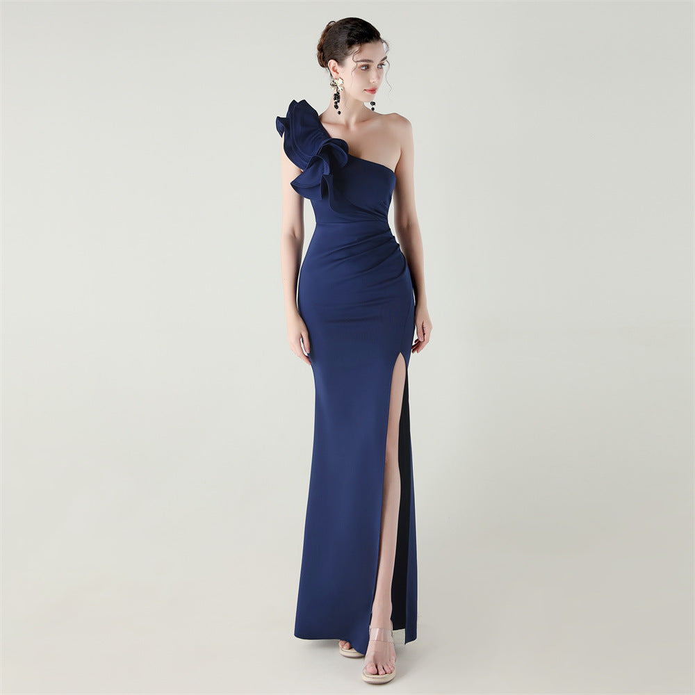 Womens One Shoulder Satin Gown | Floral Detail with High Slit | noémi