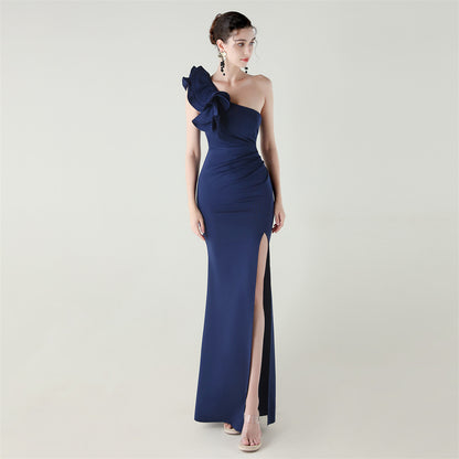 Womens One Shoulder Satin Gown | Floral Detail with High Slit | noémi