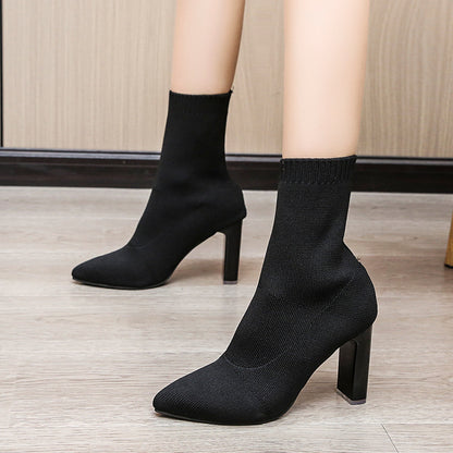 Women’s Stretch Knit Sock Boots | Pointed Toe | Mid Calf | High Heel | noémi