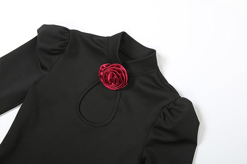 Womens Long Sleeve High Slit Dress with Stand Collar and Cutout Detail | noémi