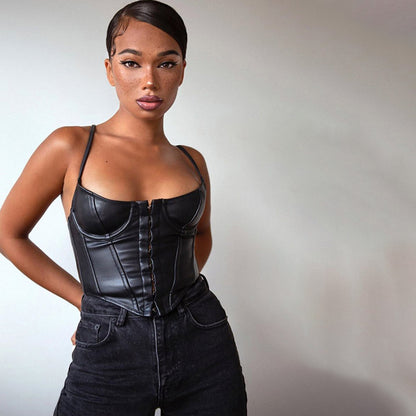 Sleek Faux Leather Corset Top | Slim Fit U Neck Bustier Vest with Button Detail | noémi