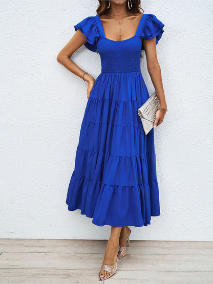 Womens Boho Print Midi Dress with Ruffle Sleeves & Pleated Skirt | Square Neckline | noémi