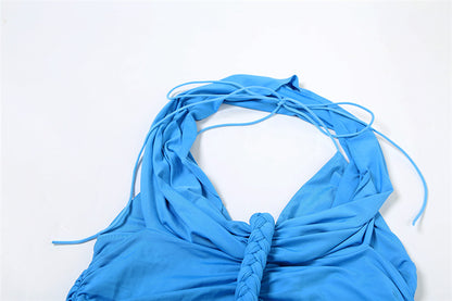 Womens Blue Ruched Bodycon Dress | French VNeck, Halter Lace Up, Ruffle Detail | noémi