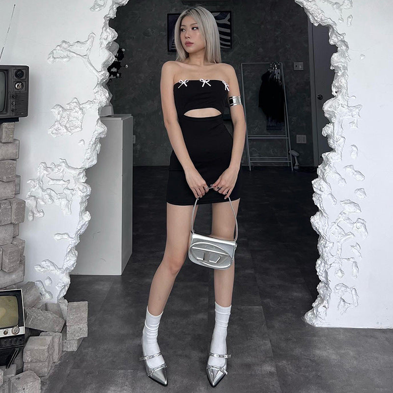 Women Tube Top Dress with Bow Front and Side Cutout Detail | noémi