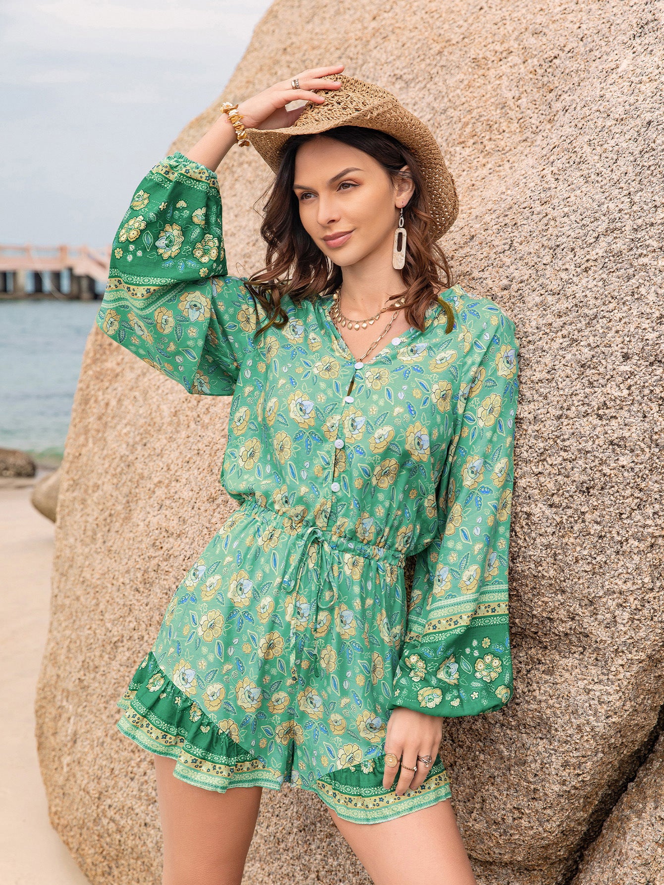 Boho Green Floral Long Sleeve Beach Romper | Lightweight | noémi
