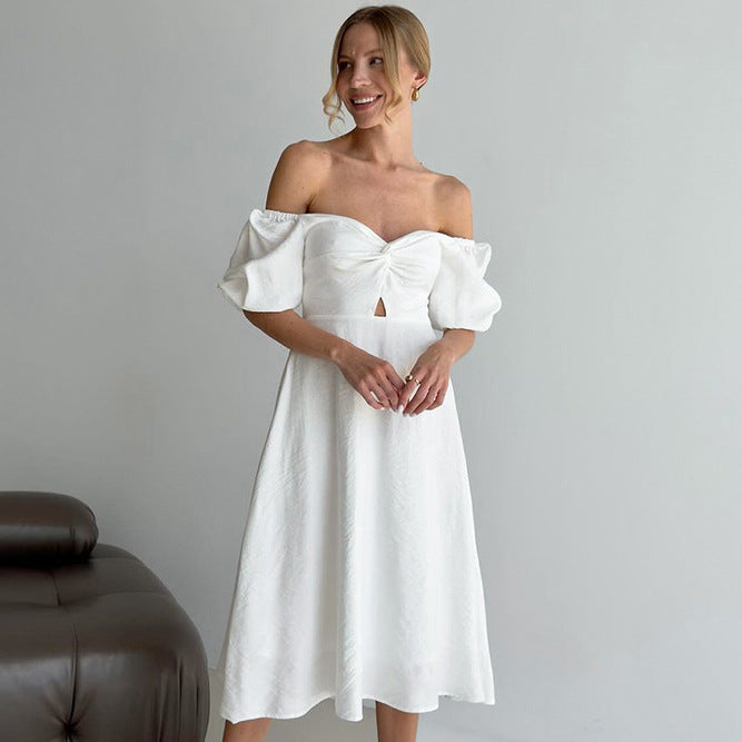 Women A Line Puff Sleeve Dress with Square Neck and Textured Fabric | noémi