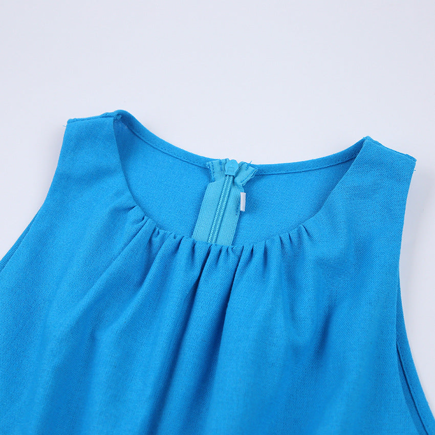 Summer Romper | Halter Neck Cutout Playsuit in Cotton Linen, Backless, Sleeveless, Casual Blue | noémi