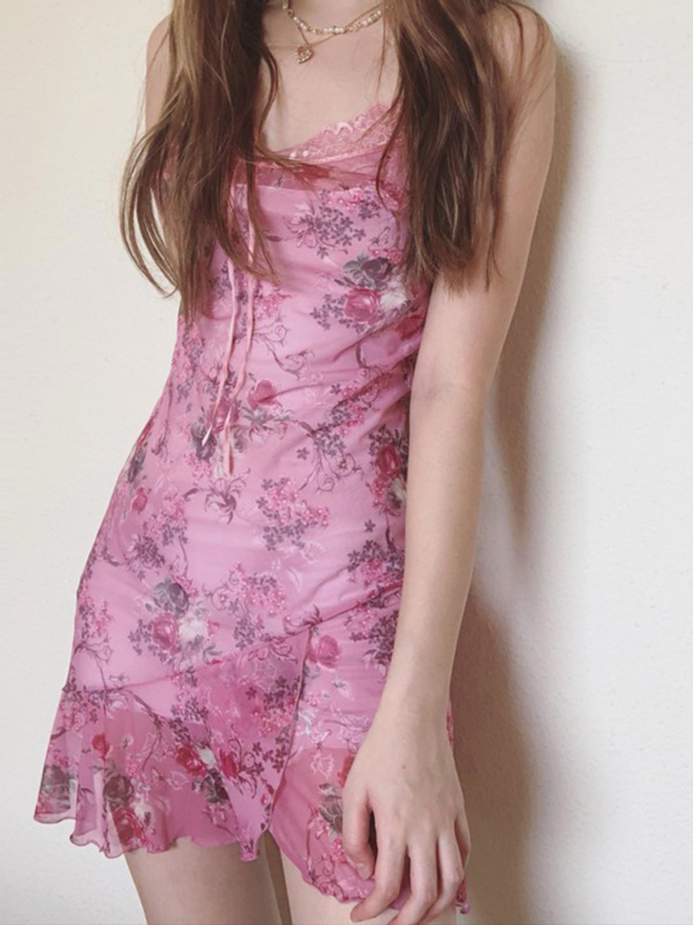 Lace Patchwork Dress | Retro VNeck Sling Dress | Irregular Hem | Floral Print Mini Dress | noémi