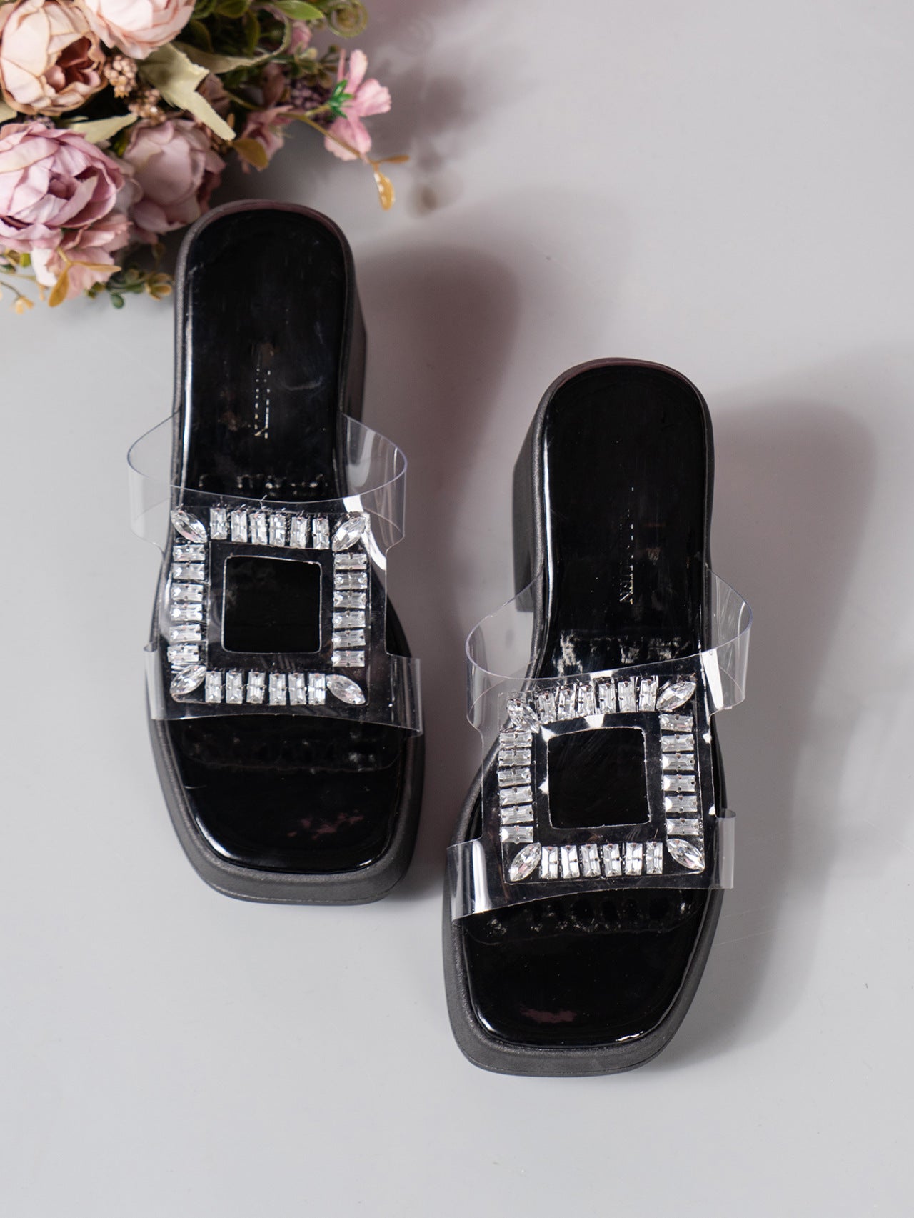 Women’s Jeweled Block Heel Sandals | Clear Strap, Crystal Embellished | noémi