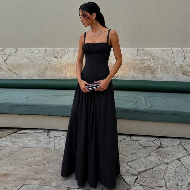 Womens Off Shoulder Pleated High Waist Slim Fit Sling Dress | Maxi Dress | noémi