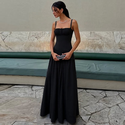 Womens Off Shoulder Pleated High Waist Slim Fit Sling Dress | Maxi Dress | noémi