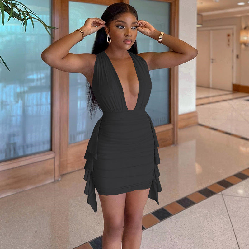 Womens Deep V Sleeveless Asymmetric Sheath Dress | noémi