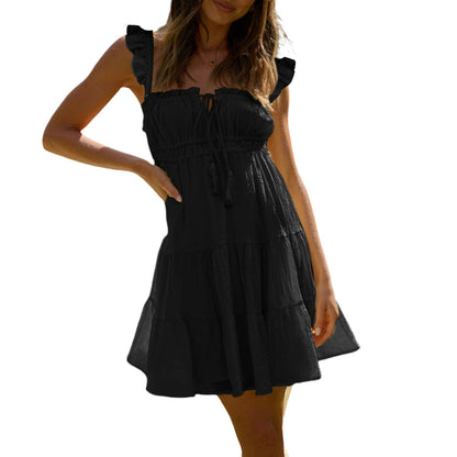 Womens Swing Dress | Tie Neck Ruffle Trim High Waist Sleeveless | noémi