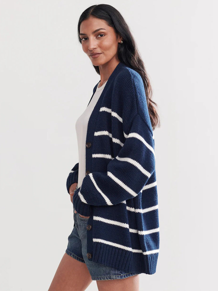 Striped Knit Cardigan for Women | Cozy V Neck Button Up Sweater | Cotton | noémi