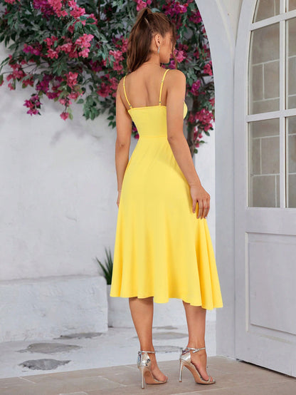 Yellow Slit Maxi Dress | Slim Fit, Neckline, Spaghetti Straps | High Waist Sundress | noémi