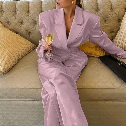 Satin Two Piece Set for Women | Pleated Waist Blazer & Wide Leg Pants | noémi