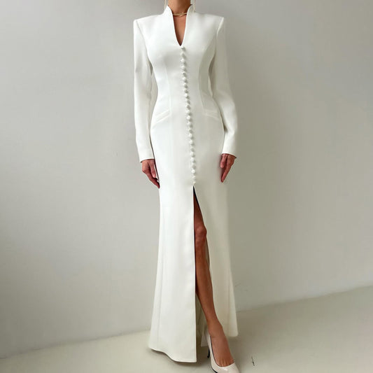 Blazer Gown | Structured Long Sleeve Maxi Dress with Slit, Tuxedo | noémi