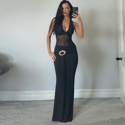 Mesh Halter Dress | Slim Fit Semi Sheer Stitching Tie Back | noémi