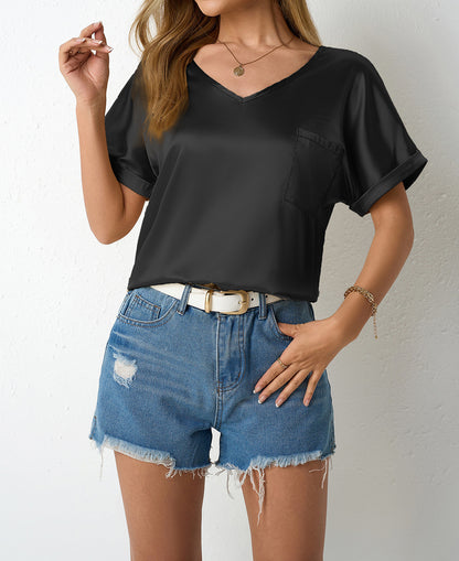 Women Satin T shirt Spring Summer Loose Pockets Short Sleeved Top | noémi