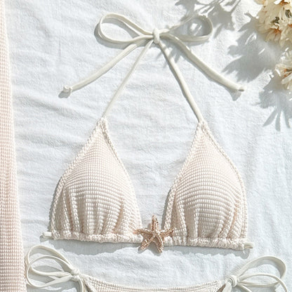 Solid Color Mesh Long Skirt Starfish Swimsuit Swimwear Three Piece Sets Bikini | noémi