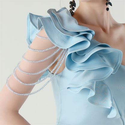 One Shoulder Ruffle Dress with High Slit | Craft Beaded Floral Satin Detail | noémi