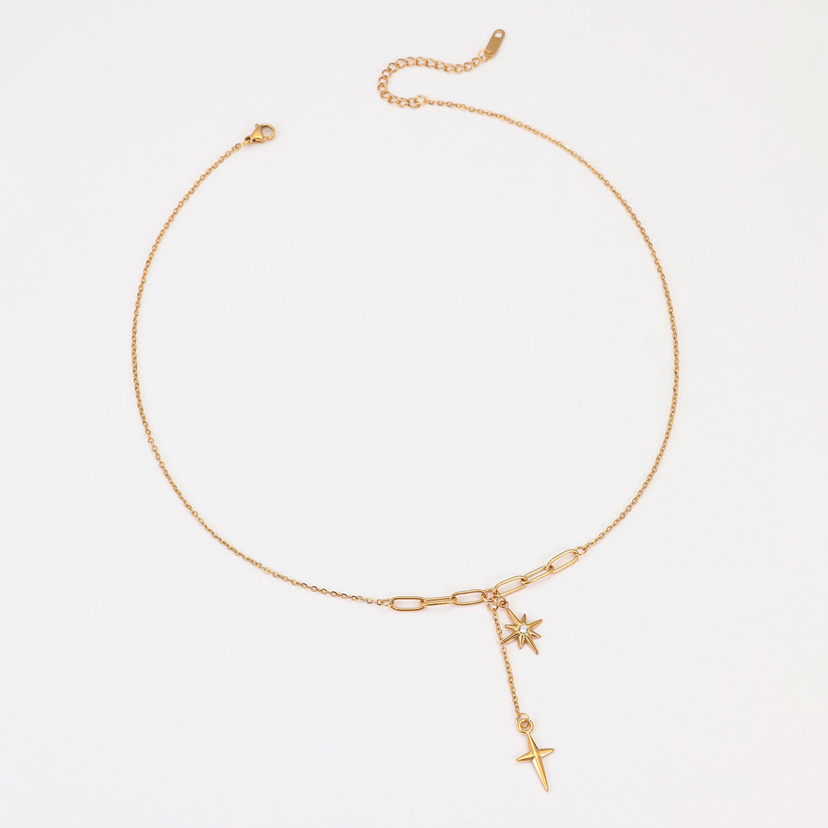 Gold Star & Cross Layered Necklace | Minimalist Clavicle Chain with Diamond Accent & Tassel Detail | noémi