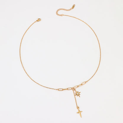 Gold Star & Cross Layered Necklace | Minimalist Clavicle Chain with Diamond Accent & Tassel Detail | noémi