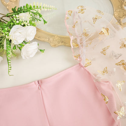 Mesh Puff Sleeve Dress with Slim Fit and Sheer Detail | noémi