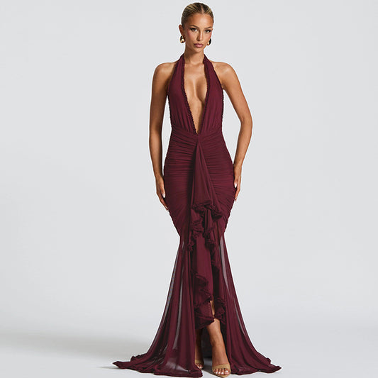 Womens Mesh Maxi Dress with V Neck Halter and Backless Design | noémi