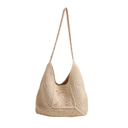 Cotton-Woven Shoulder Tote Bag – Large-Capacity Hollow-Out Floral, Brown | noémi