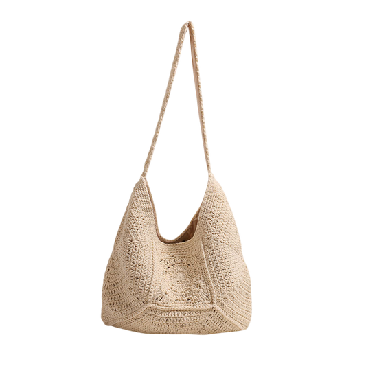 Cotton-Woven Shoulder Tote Bag – Large-Capacity Hollow-Out Floral, Brown | noémi