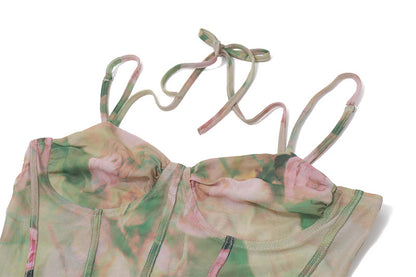 Floral Mesh Corset Maxi Dress | Ruched Gown with Thigh Slit | noémi