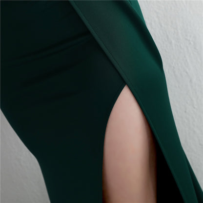 Satin Beaded One Shoulder Fishtail Gown | Slim Fit Slit Maxi Dress | noémi