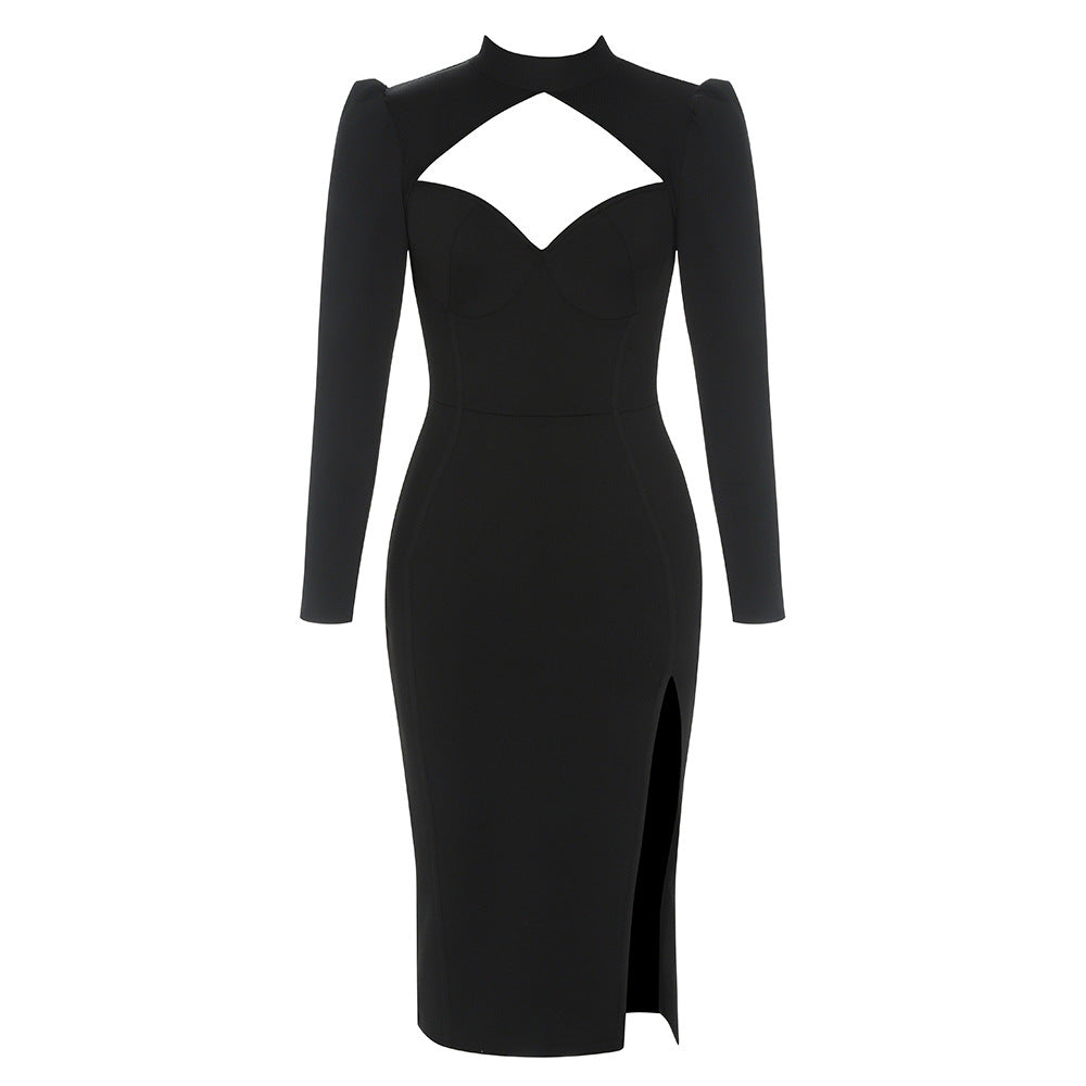 Black Bodycon Dress | Tube Top Shawl Collar | Side Slit | noémi