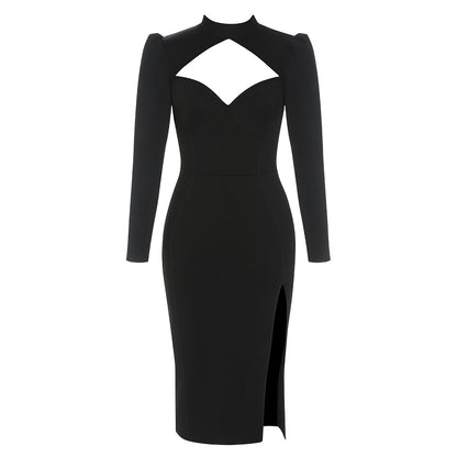 Black Bodycon Dress | Tube Top Shawl Collar | Side Slit | noémi