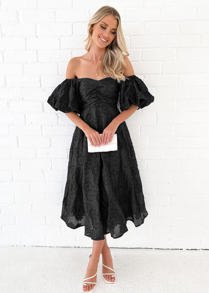 Womens Off Shoulder Floral Midi Dress with Mid Waist | noémi