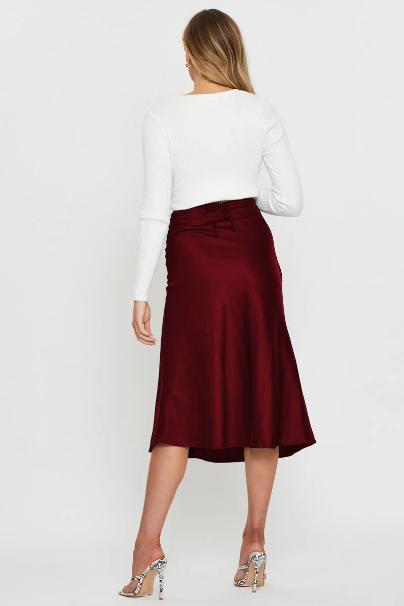 Women's Solid Color Midi Skirt | Navel Exposed Design | Lacing & Zipper Detail | noémi