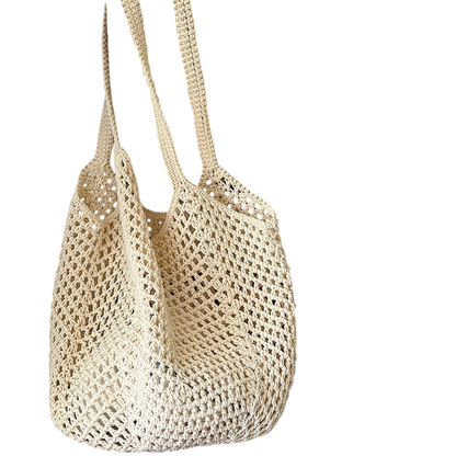 Cotton-Thread Woven Shoulder Tote Bag – Hollow-Out Large Capacity, Rose Red | noémi