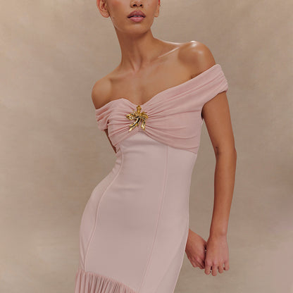 Off Shoulder Tube Top Maxi Dress | Mesh Stitching & Pleated Backless Design | noémi