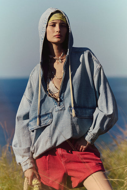 Loose Denim Hoodie | Washed Long Sleeve Top for Women | noémi