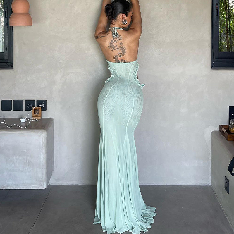 Butterfly Cutout Maxi Dress | Mint Green or Black Halter Gown with 3D Appliqué | noémi