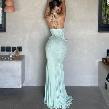 Butterfly Cutout Maxi Dress | Mint Green or Black Halter Gown with 3D Appliqué | noémi