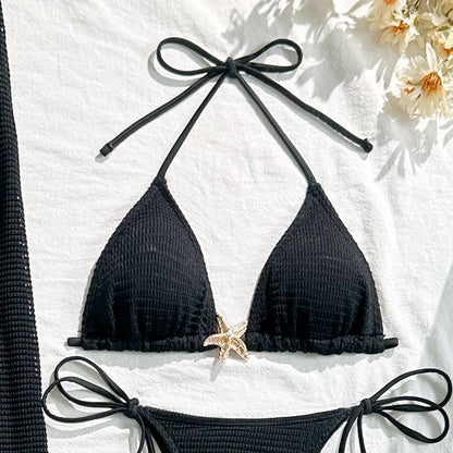 Solid Color Mesh Long Skirt Starfish Swimsuit Swimwear Three Piece Sets Bikini | noémi