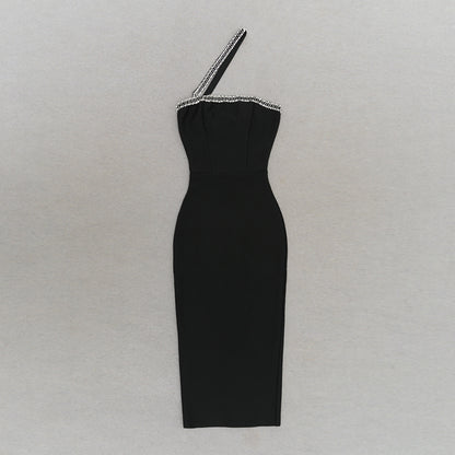 Chain Strap One Shoulder Mid Length Bodycon Dress | noémi