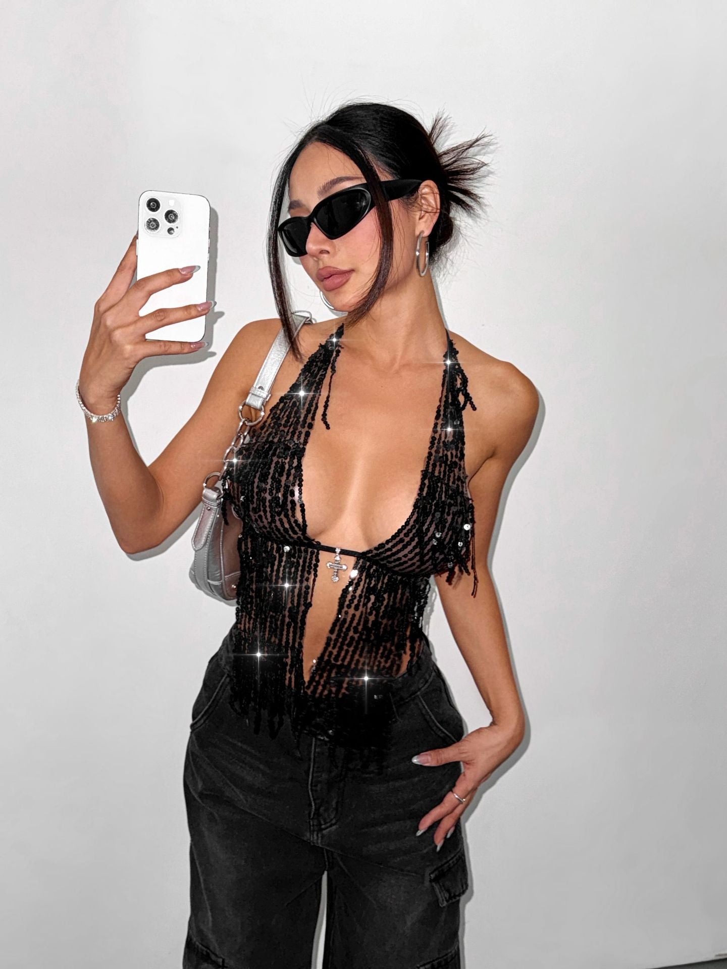 Halter Spaghetti Straps | Black Sequin Fringe Top | noémi